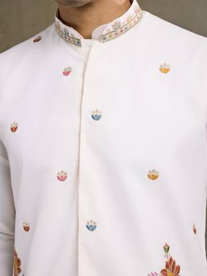 White pure cotton thread with sequence embroidered work kurta with koti for men 6