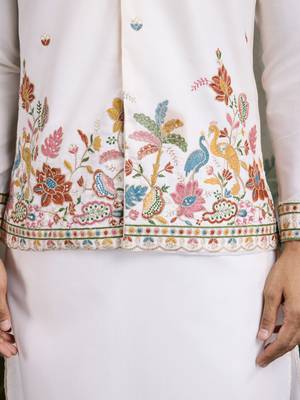 White pure cotton thread with sequence embroidered work kurta with koti for men 7