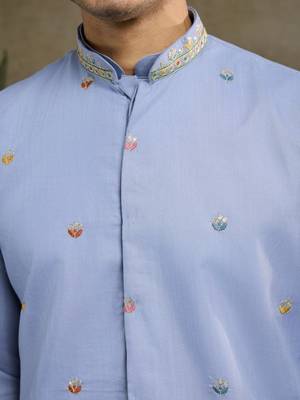 Sky blue pure cotton thread with sequence embroidered work kurta with koti for men 6