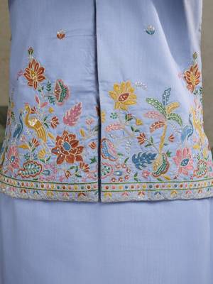 Sky blue pure cotton thread with sequence embroidered work kurta with koti for men 7