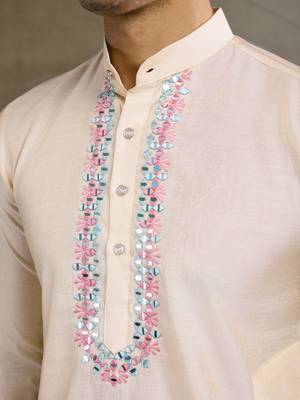 Off White Viscose silk real mirror thread work kurta with weaving jacquard work design koti for men 7