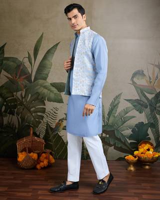 Sky Blue Viscose silk real mirror thread work kurta with weaving jacquard work design koti for men 6