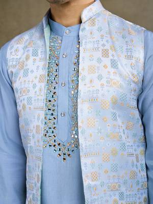 Sky Blue Viscose silk real mirror thread work kurta with weaving jacquard work design koti for men 7