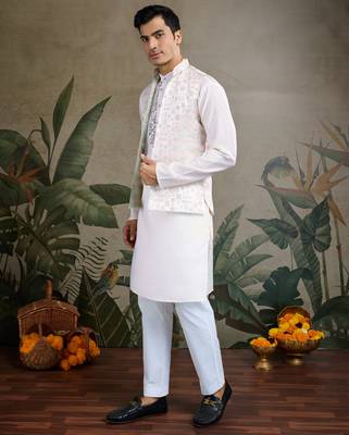 White Viscose silk real mirror thread work kurta with weaving jacquard work design koti for men 6