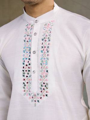 White Viscose silk real mirror thread work kurta with weaving jacquard work design koti for men 7