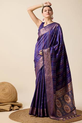 Blue jacquard weaves with gold silver zari