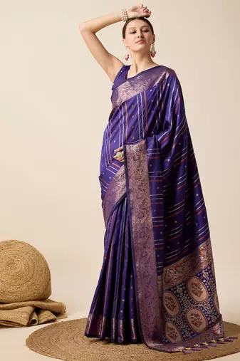 Blue jacquard weaves with gold silver zari