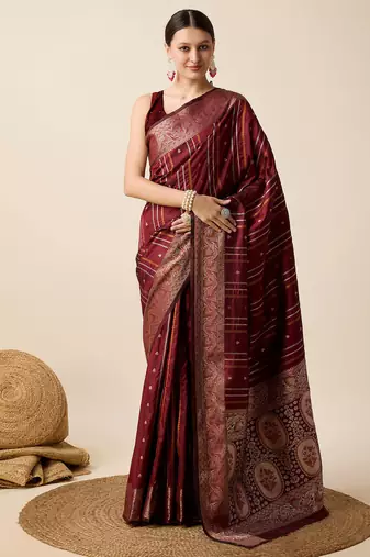 Maroon jacquard weaves with gold silver zari