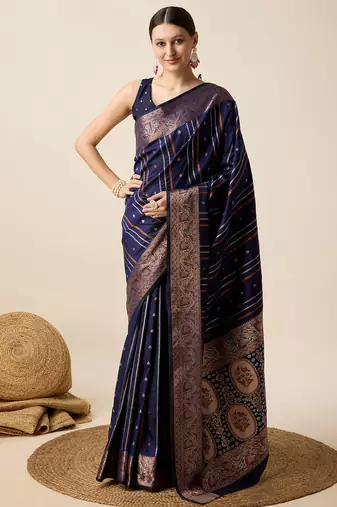 Navy jacquard weaves with gold silver zari