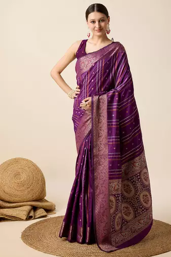 Purple jacquard weaves with gold silver zari