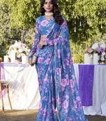 Blue weightless marbal printed & peral lace border saree with unstitched blouse