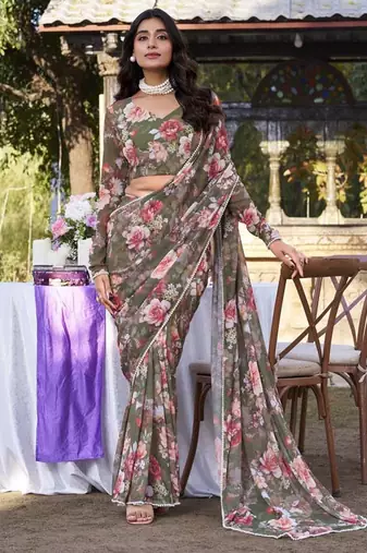 Mehendi weightless marbal printed & peral lace border saree with unstitched blouse