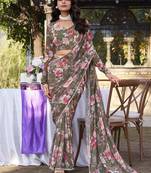 Mehendi weightless marbal printed & peral lace border saree with unstitched blouse