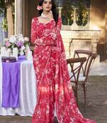 Red weightless marbal printed & peral lace border saree with unstitched blouse