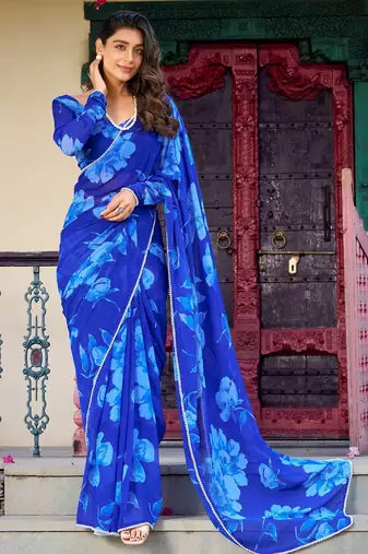 Blue chiffon floral printed & peral lace border saree with unstitched blouse
