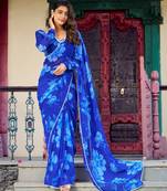Blue chiffon floral printed & peral lace border saree with unstitched blouse