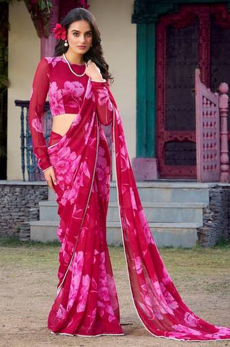 Pink chiffon floral printed & peral lace border saree with unstitched blouse