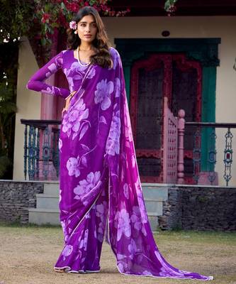 Purple chiffon floral printed & peral lace border saree with unstitched blouse 1