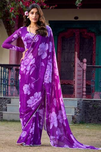 Purple chiffon floral printed & peral lace border saree with unstitched blouse
