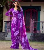 Purple chiffon floral printed & peral lace border saree with unstitched blouse