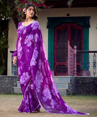 Purple chiffon floral printed & peral lace border saree with unstitched blouse 2
