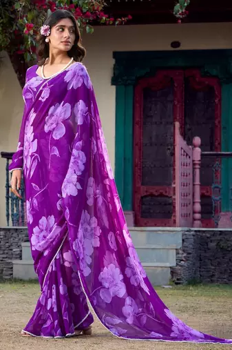Purple chiffon floral printed & peral lace border saree with unstitched blouse