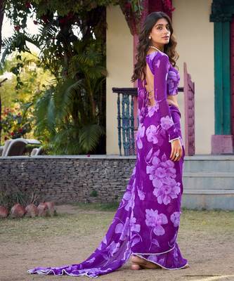 Purple chiffon floral printed & peral lace border saree with unstitched blouse 3