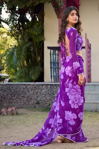 Purple chiffon floral printed & peral lace border saree with unstitched blouse