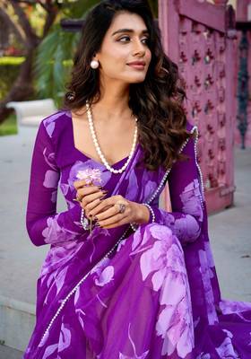 Purple chiffon floral printed & peral lace border saree with unstitched blouse 4