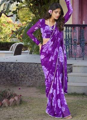 Purple chiffon floral printed & peral lace border saree with unstitched blouse 5