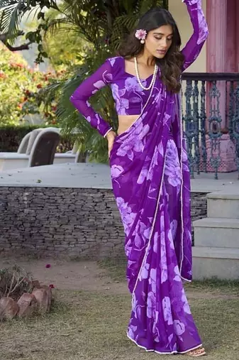 Purple chiffon floral printed & peral lace border saree with unstitched blouse
