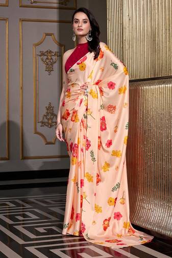 Cream satin silk printed saree with hotfix work unstitched blouse