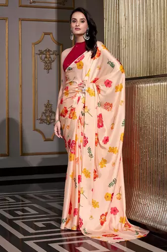 Cream satin silk printed saree with hotfix work unstitched blouse