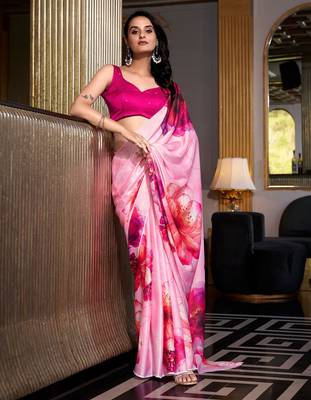 Baby pink satin silk printed saree with hotfix work unstitched blouse 1