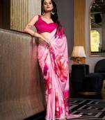 Baby pink satin silk printed saree with hotfix work unstitched blouse