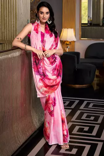 Baby pink satin silk printed saree with hotfix work unstitched blouse