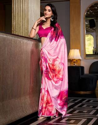 Baby pink satin silk printed saree with hotfix work unstitched blouse 5