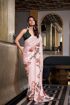 Off white satin silk printed saree with hotfix work unstitched blouse 1