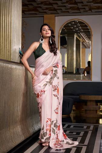 Off white satin silk printed saree with hotfix work unstitched blouse