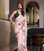 Off white satin silk printed saree with hotfix work unstitched blouse
