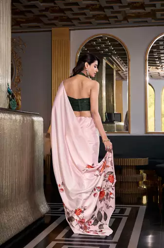 Off white satin silk printed saree with hotfix work unstitched blouse