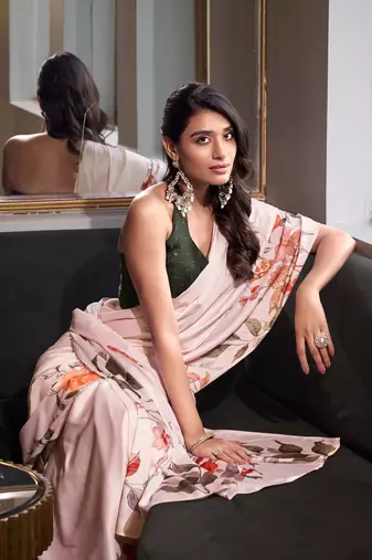 Off white satin silk printed saree with hotfix work unstitched blouse