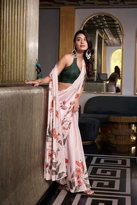 Off white satin silk printed saree with hotfix work unstitched blouse 4
