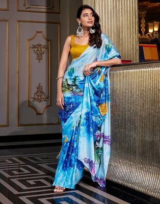 Sea blue satin silk printed saree with hotfix work unstitched blouse 1