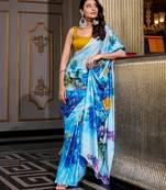 Sea blue satin silk printed saree with hotfix work unstitched blouse