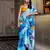 Sea blue satin silk printed saree with hotfix work unstitched blouse