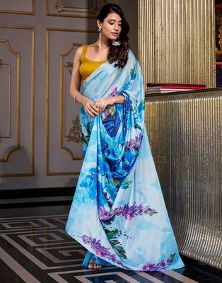 Sea blue satin silk printed saree with hotfix work unstitched blouse 2