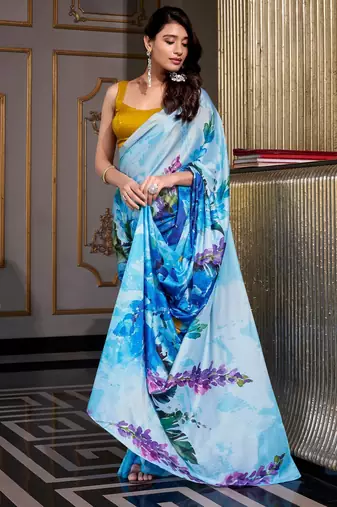 Sea blue satin silk printed saree with hotfix work unstitched blouse