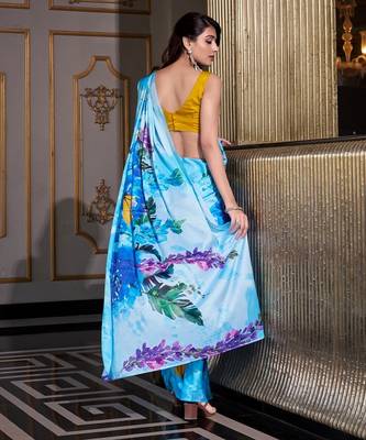 Sea blue satin silk printed saree with hotfix work unstitched blouse 3