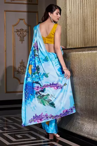 Sea blue satin silk printed saree with hotfix work unstitched blouse